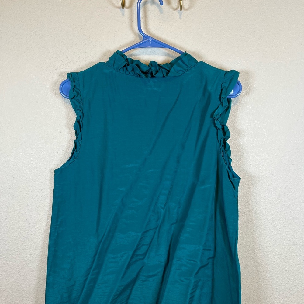 LOFT Teal Ruffle Sleeveless Blouse with a V-Neck. Fully Lined. Size L - Picture 5 of 5